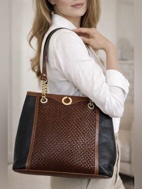 Bally Vintage Black Brown Leather Shoulder Tote Woven Front Gold Tone Hardware